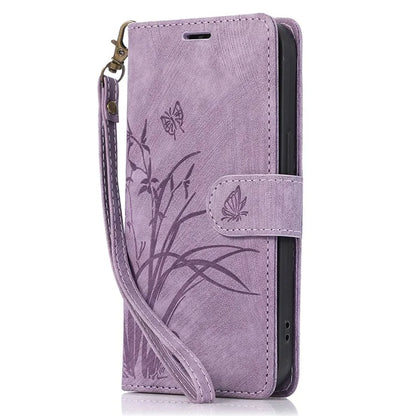 For iPhone 15 Plus Case Leather Flip Wallet Cover with Strap Orchid Butterfly