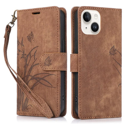 For iPhone 15 Plus Case Leather Flip Wallet Cover with Strap Orchid Butterfly