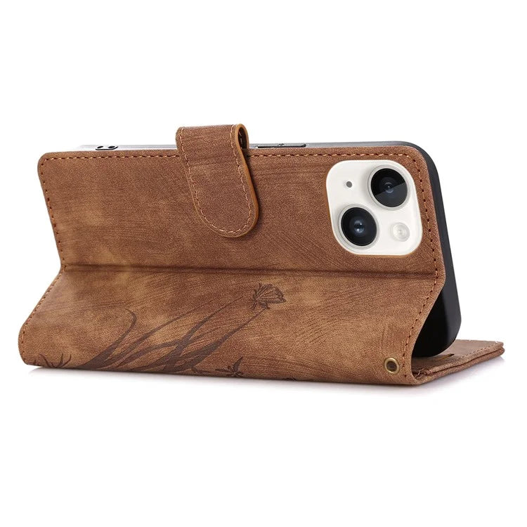 For iPhone 15 Plus Case Leather Flip Wallet Cover with Strap Orchid Butterfly