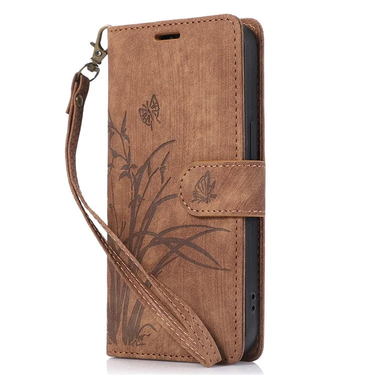 For iPhone 15 Plus Case Leather Flip Wallet Cover with Strap Orchid Butterfly
