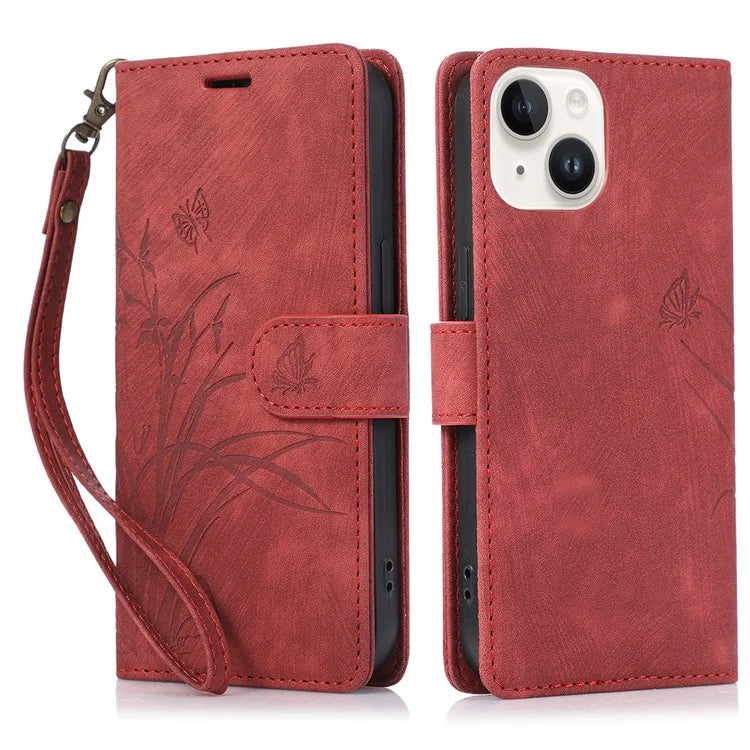 For iPhone 15 Plus Case Leather Flip Wallet Cover with Strap Orchid Butterfly