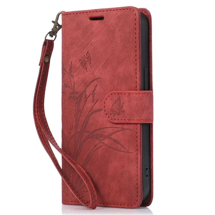 For iPhone 15 Plus Case Leather Flip Wallet Cover with Strap Orchid Butterfly