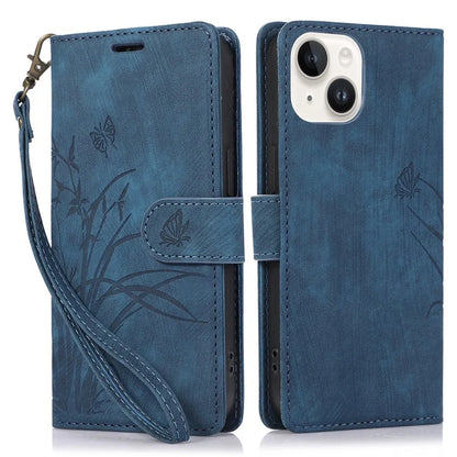 For iPhone 15 Plus Case Leather Flip Wallet Cover with Strap Orchid Butterfly