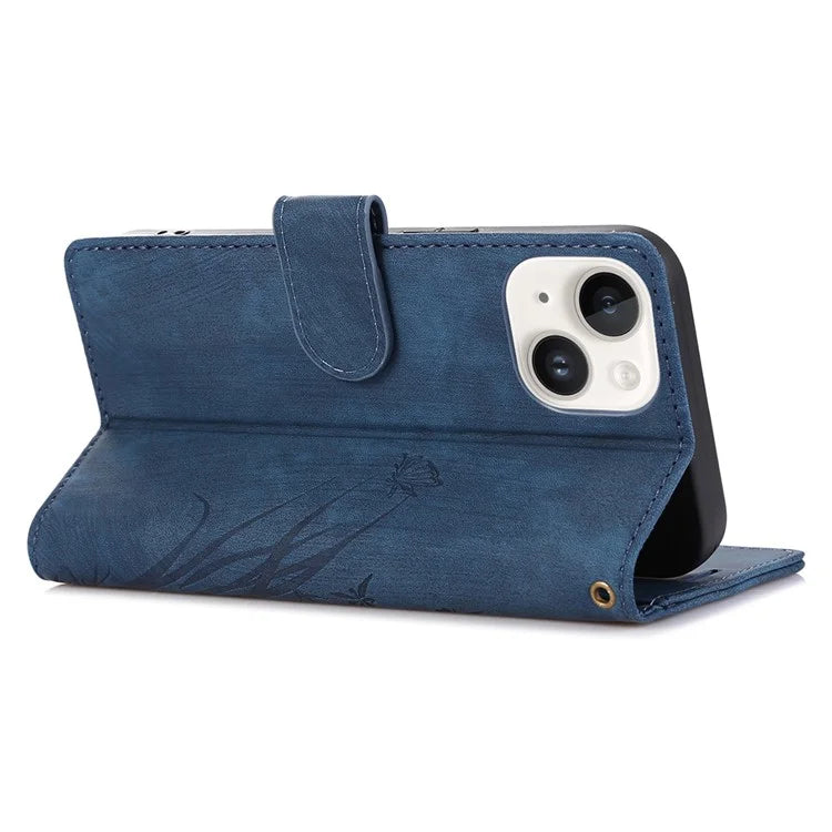 For iPhone 15 Plus Case Leather Flip Wallet Cover with Strap Orchid Butterfly