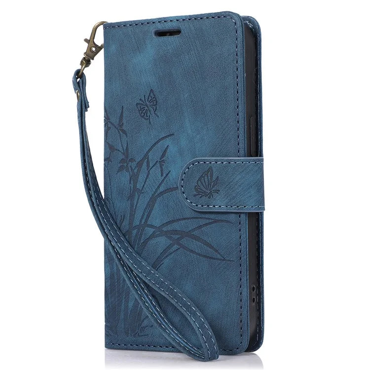 For iPhone 15 Plus Case Leather Flip Wallet Cover with Strap Orchid Butterfly