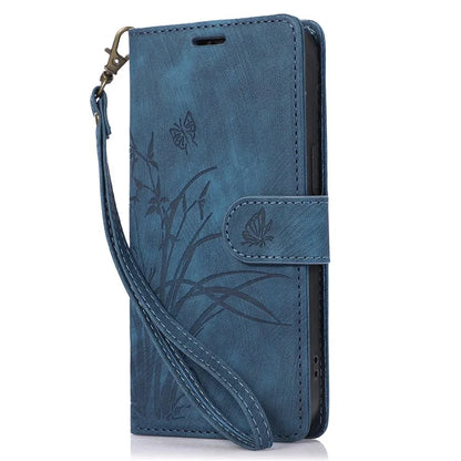 For iPhone 15 Plus Case Leather Flip Wallet Cover with Strap Orchid Butterfly