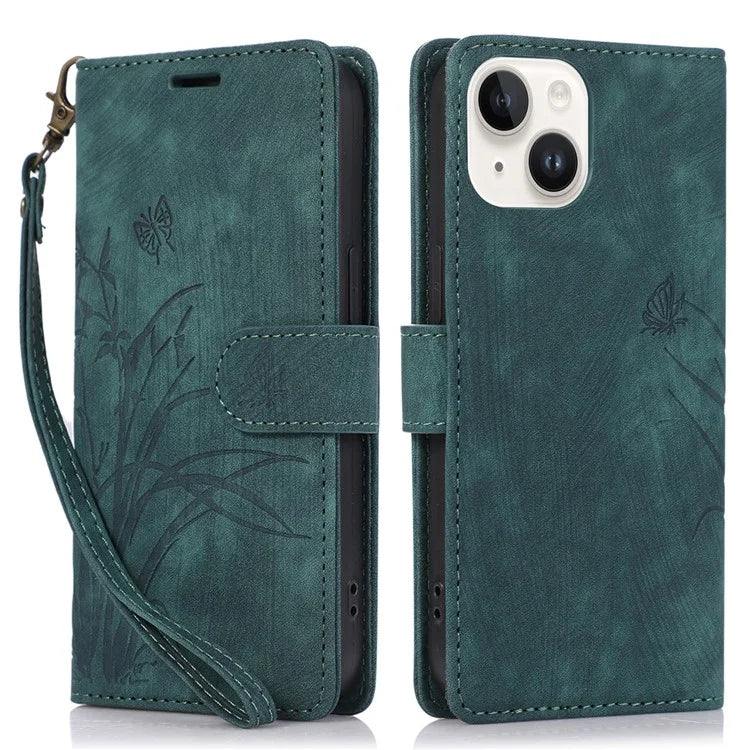 For iPhone 15 Plus Case Leather Flip Wallet Cover with Strap Orchid Butterfly