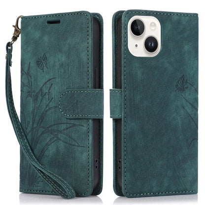 For iPhone 15 Plus Case Leather Flip Wallet Cover with Strap Orchid Butterfly