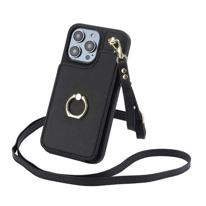 For iPhone 13 Pro Max 6.7 inch Cell Phone Case Crossbody PU Leather+TPU Ring Holder Kickstand Shell