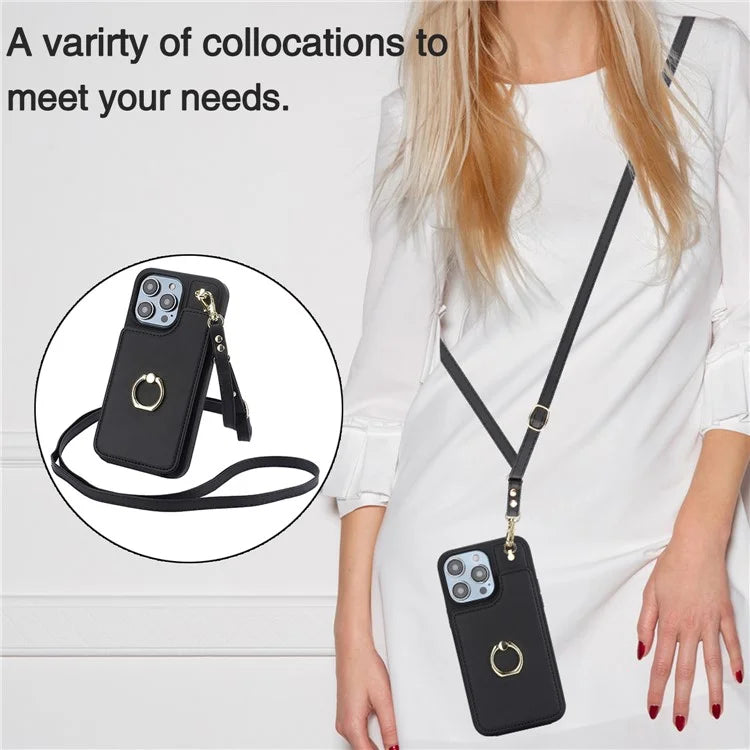 For iPhone 13 Pro Max 6.7 inch Cell Phone Case Crossbody PU Leather+TPU Ring Holder Kickstand Shell