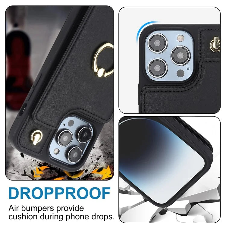 For iPhone 13 Pro Max 6.7 inch Cell Phone Case Crossbody PU Leather+TPU Ring Holder Kickstand Shell