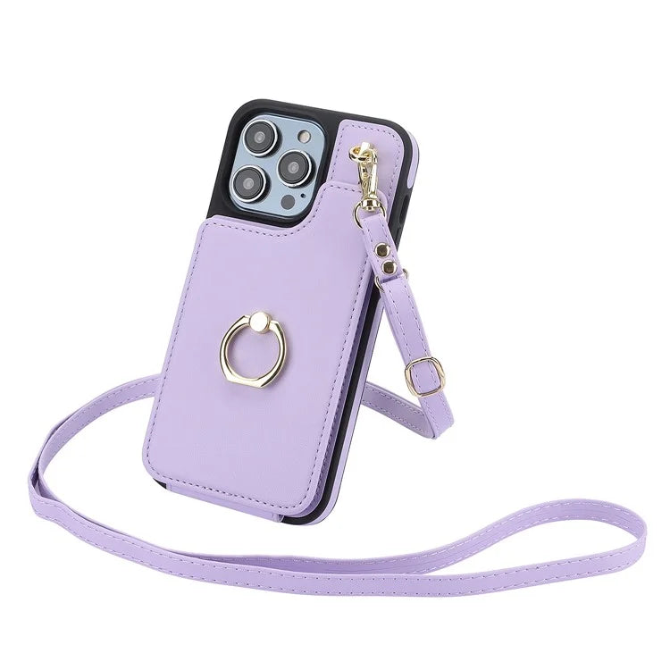 For iPhone 13 Pro Max 6.7 inch Cell Phone Case Crossbody PU Leather+TPU Ring Holder Kickstand Shell