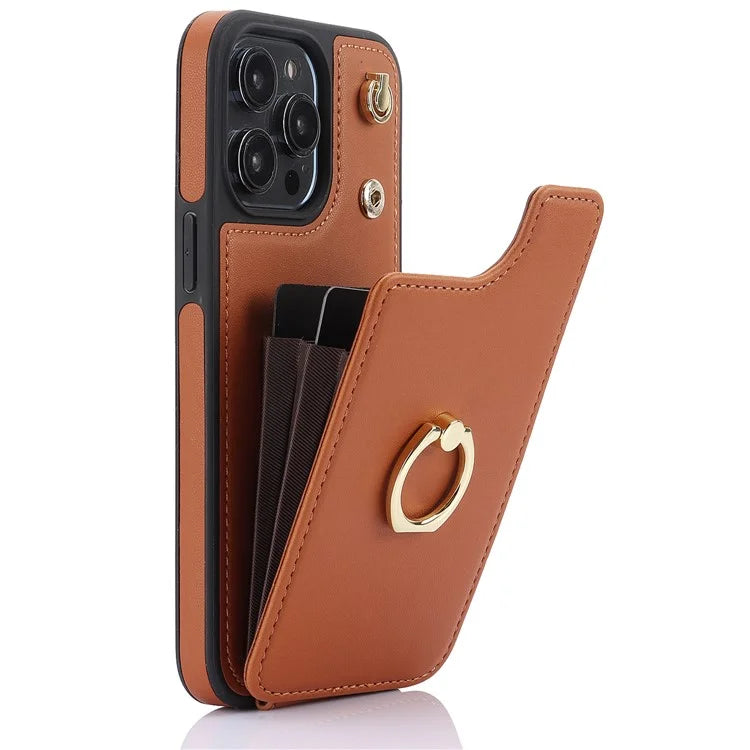 For iPhone 13 Pro Max 6.7 inch Cell Phone Case Crossbody PU Leather+TPU Ring Holder Kickstand Shell