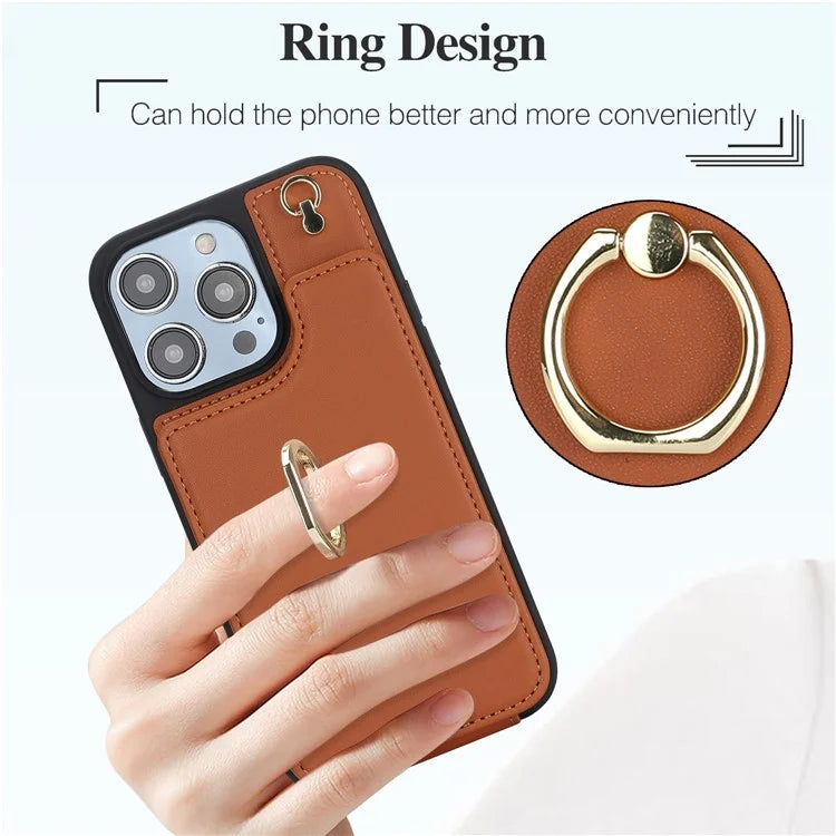 For iPhone 13 Pro Max 6.7 inch Cell Phone Case Crossbody PU Leather+TPU Ring Holder Kickstand Shell