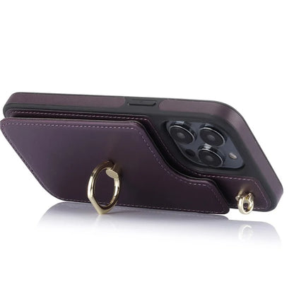 For iPhone 13 Pro Max 6.7 inch Cell Phone Case Crossbody PU Leather+TPU Ring Holder Kickstand Shell