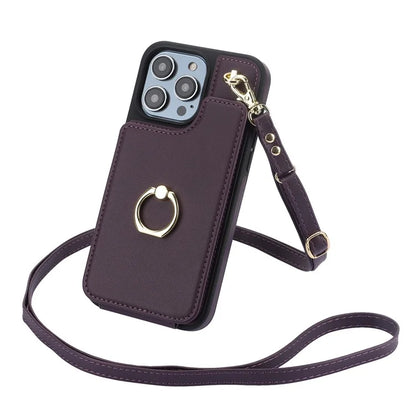For iPhone 13 Pro Max 6.7 inch Cell Phone Case Crossbody PU Leather+TPU Ring Holder Kickstand Shell