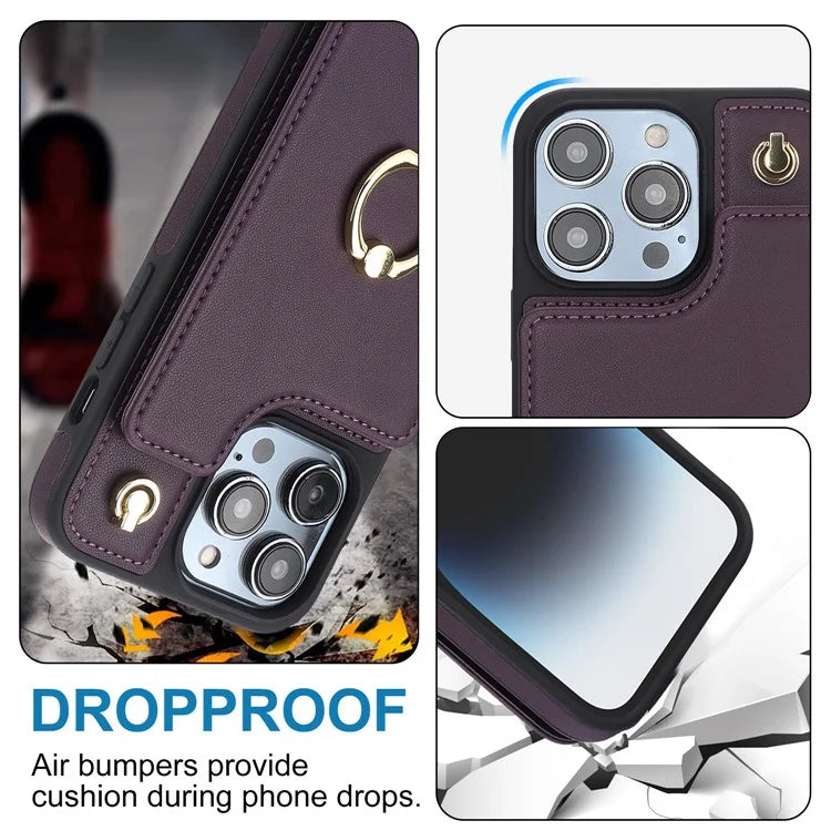 For iPhone 13 Pro Max 6.7 inch Cell Phone Case Crossbody PU Leather+TPU Ring Holder Kickstand Shell