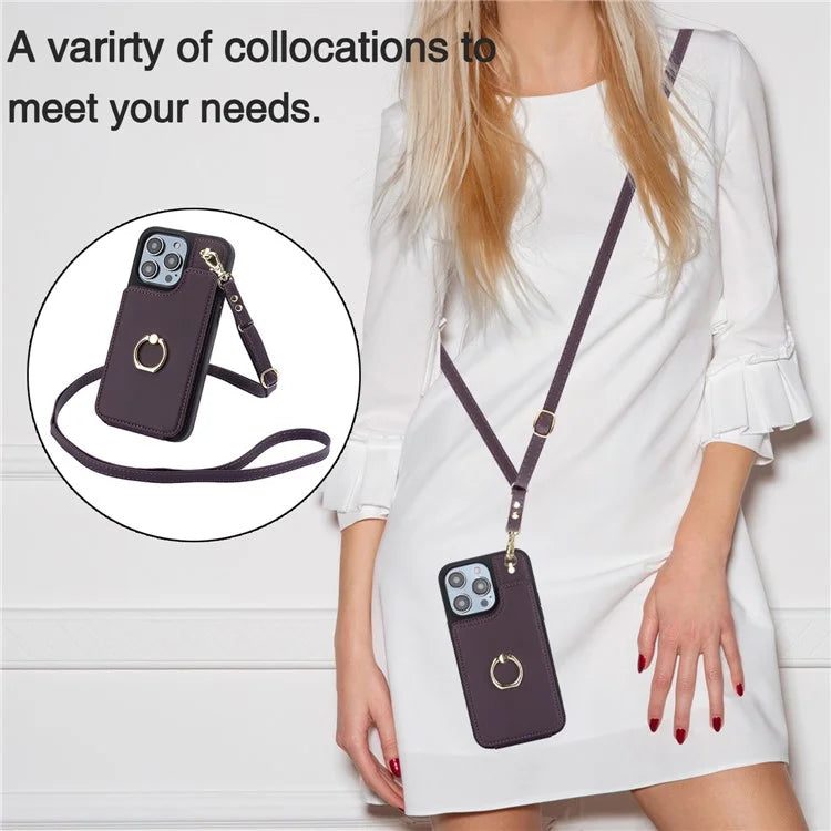 For iPhone 13 Pro Max 6.7 inch Cell Phone Case Crossbody PU Leather+TPU Ring Holder Kickstand Shell