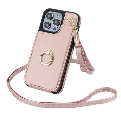 For iPhone 13 Pro Max 6.7 inch Cell Phone Case Crossbody PU Leather+TPU Ring Holder Kickstand Shell