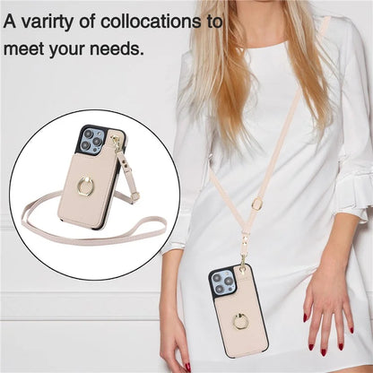 For iPhone 13 Pro Max 6.7 inch Cell Phone Case Crossbody PU Leather+TPU Ring Holder Kickstand Shell