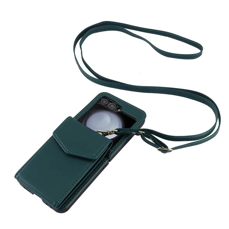 For Samsung Galaxy Z Flip5 5G Crossbody Case RFID Blocking  PU Leather Phone Cover