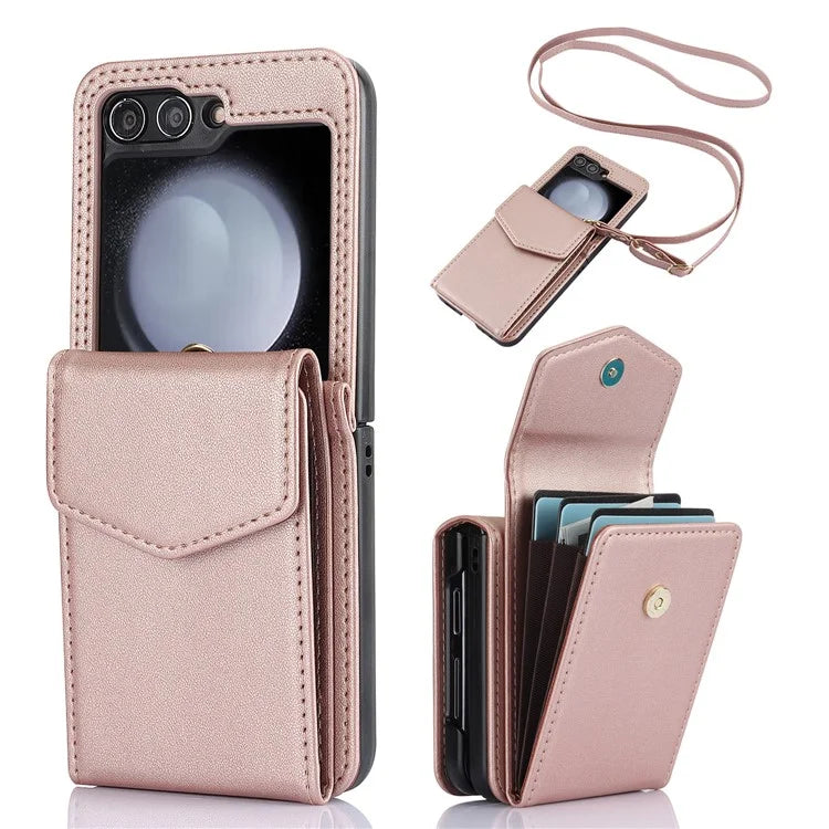 For Samsung Galaxy Z Flip5 5G Crossbody Case RFID Blocking  PU Leather Phone Cover