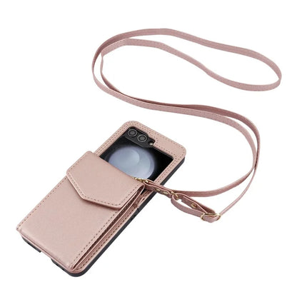 For Samsung Galaxy Z Flip5 5G Crossbody Case RFID Blocking  PU Leather Phone Cover
