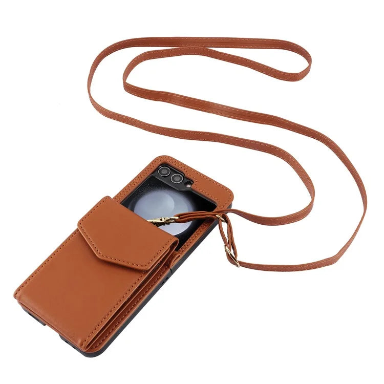 For Samsung Galaxy Z Flip5 5G Crossbody Case RFID Blocking  PU Leather Phone Cover