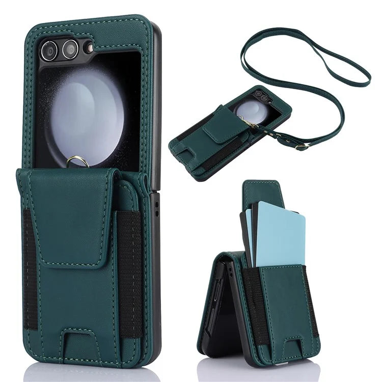 For Samsung Galaxy Z Flip5 5G Crossbody Phone Case Card Holder Leather Coverish Green