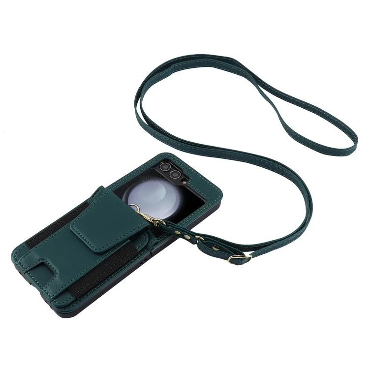 For Samsung Galaxy Z Flip5 5G Crossbody Phone Case Card Holder Leather Coverish Green