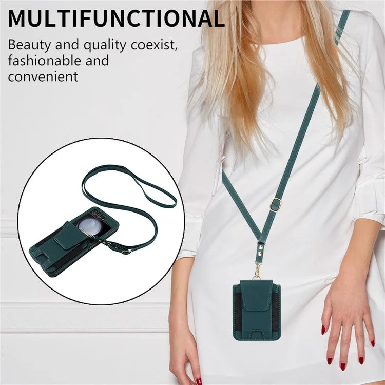 For Samsung Galaxy Z Flip5 5G Crossbody Phone Case Card Holder Leather Coverish Green