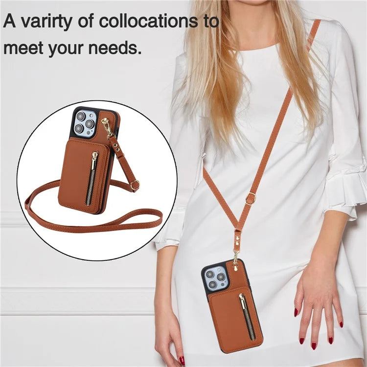 For iPhone 14 Pro Case Crossbody RFID Blocking Leather+TPU Kickstand Protective Back Shell