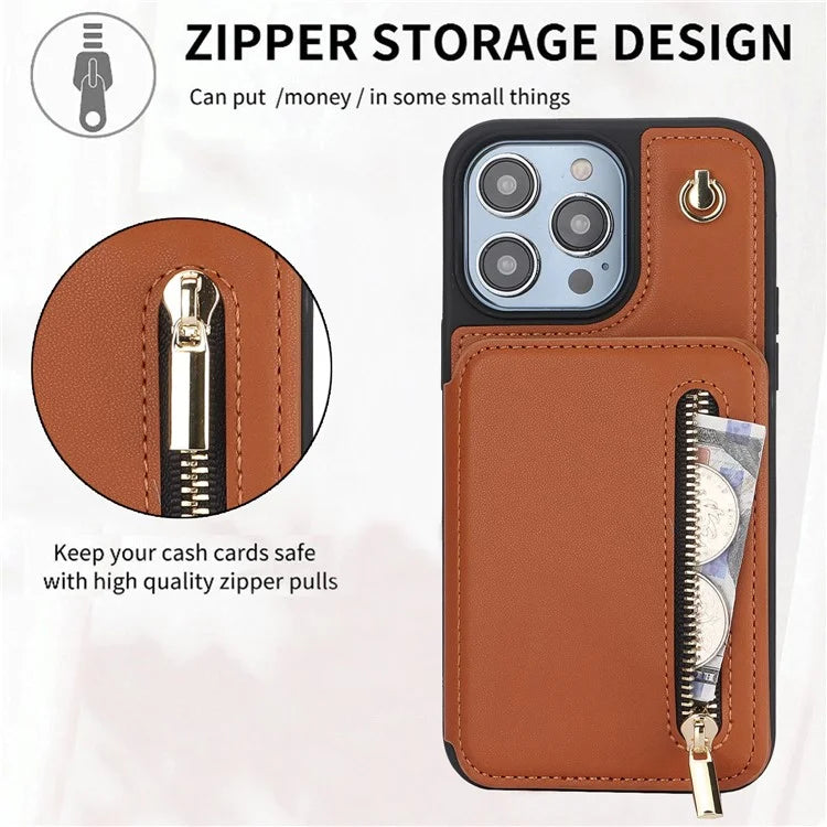 For iPhone 14 Pro Case Crossbody RFID Blocking Leather+TPU Kickstand Protective Back Shell