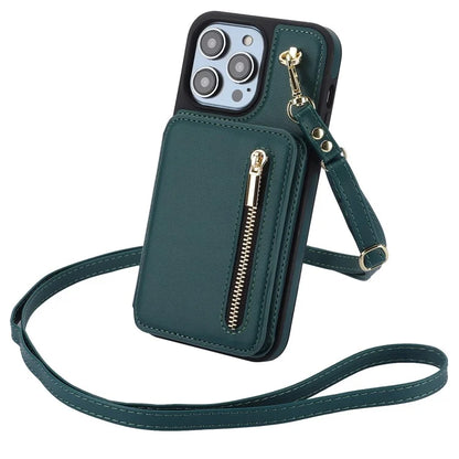 For iPhone 14 Pro Case Crossbody RFID Blocking Leather+TPU Kickstand Protective Back Shell