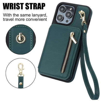 For iPhone 14 Pro Case Crossbody RFID Blocking Leather+TPU Kickstand Protective Back Shell