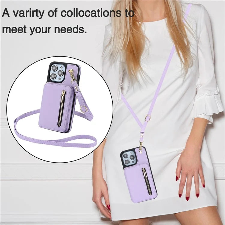For iPhone 14 Pro Case Crossbody RFID Blocking Leather+TPU Kickstand Protective Back Shell