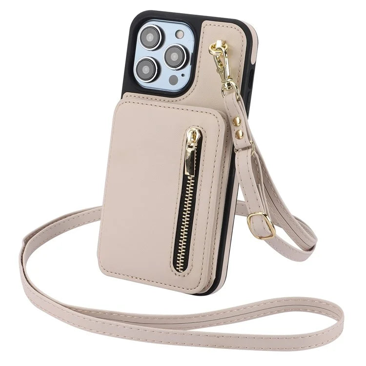 For iPhone 14 Pro Case Crossbody RFID Blocking Leather+TPU Kickstand Protective Back Shell