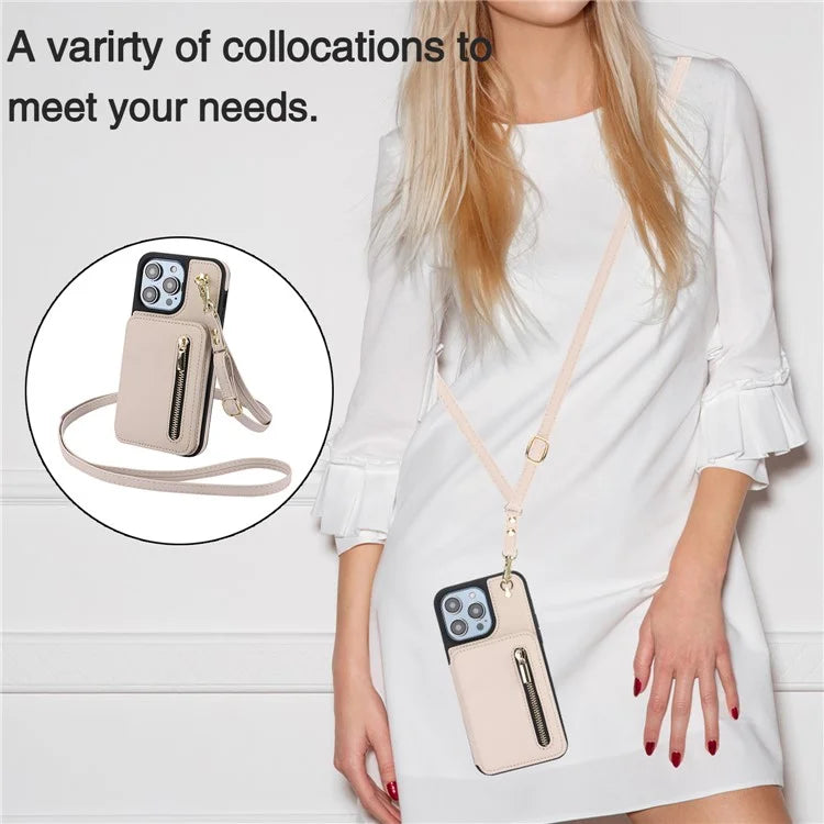 For iPhone 14 Pro Case Crossbody RFID Blocking Leather+TPU Kickstand Protective Back Shell