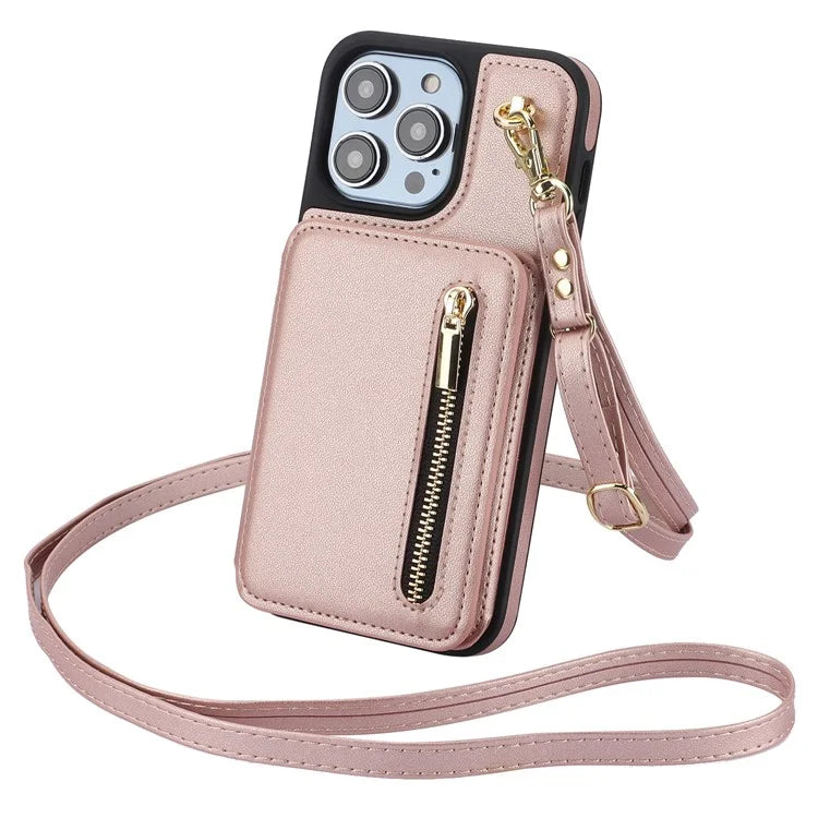 For iPhone 14 Pro Case Crossbody RFID Blocking Leather+TPU Kickstand Protective Back Shell