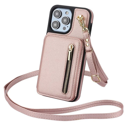 For iPhone 14 Pro Case Crossbody RFID Blocking Leather+TPU Kickstand Protective Back Shell