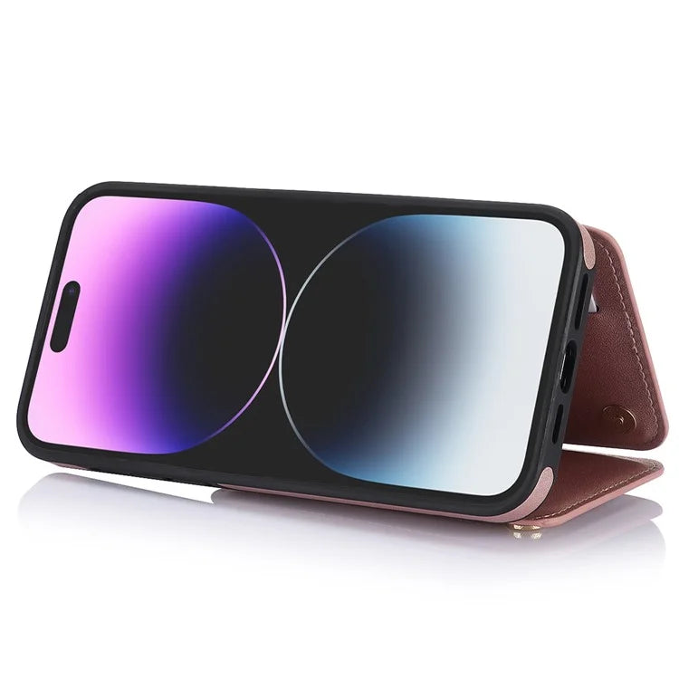 For iPhone 14 Pro Case Crossbody RFID Blocking Leather+TPU Kickstand Protective Back Shell