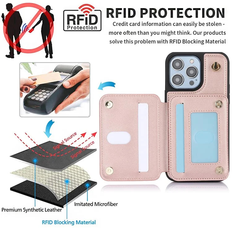 For iPhone 14 Pro Case Crossbody RFID Blocking Leather+TPU Kickstand Protective Back Shell