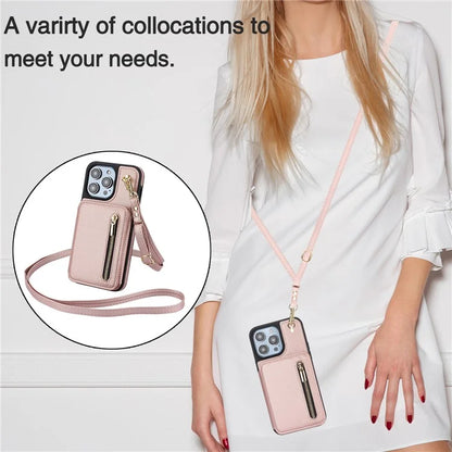 For iPhone 14 Pro Case Crossbody RFID Blocking Leather+TPU Kickstand Protective Back Shell