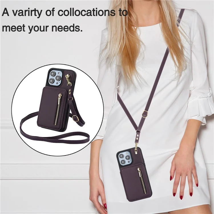 For iPhone 14 Pro Case Crossbody RFID Blocking Leather+TPU Kickstand Protective Back Shell