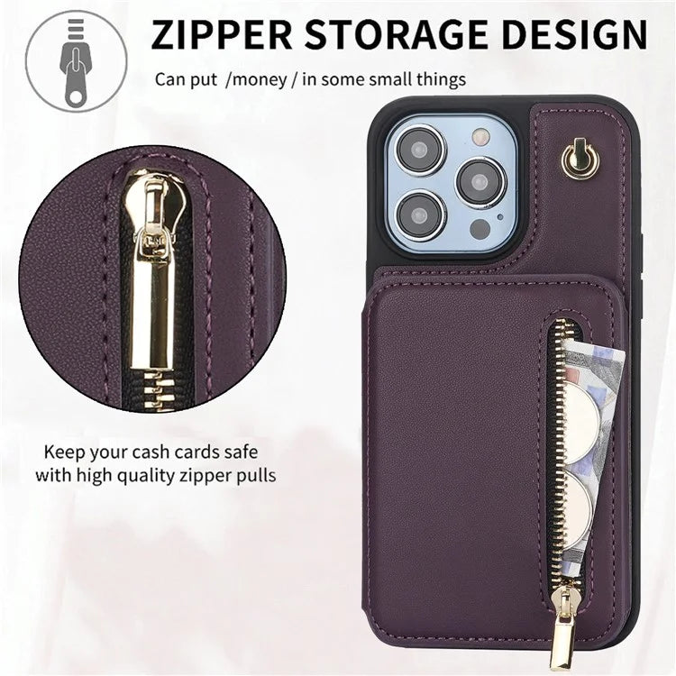 For iPhone 14 Pro Case Crossbody RFID Blocking Leather+TPU Kickstand Protective Back Shell