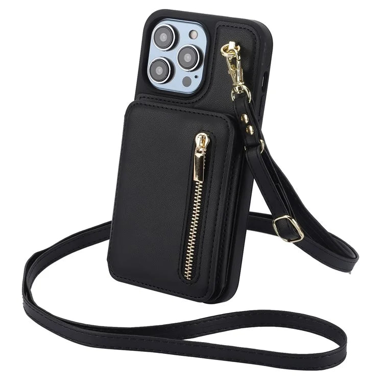 For iPhone 14 Pro Case Crossbody RFID Blocking Leather+TPU Kickstand Protective Back Shell