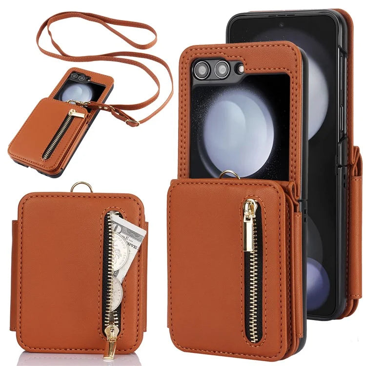 For Samsung Galaxy Z Flip5 5G Case Crossbody RFID Blocking Leather+TPU Scratch-proof Protective Shell
