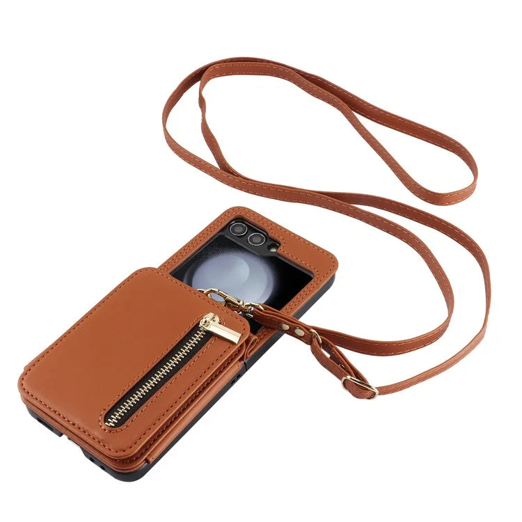 For Samsung Galaxy Z Flip5 5G Case Crossbody RFID Blocking Leather+TPU Scratch-proof Protective Shell
