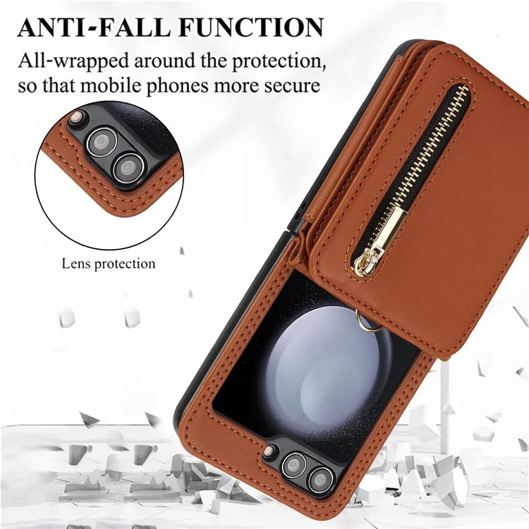 For Samsung Galaxy Z Flip5 5G Case Crossbody RFID Blocking Leather+TPU Scratch-proof Protective Shell