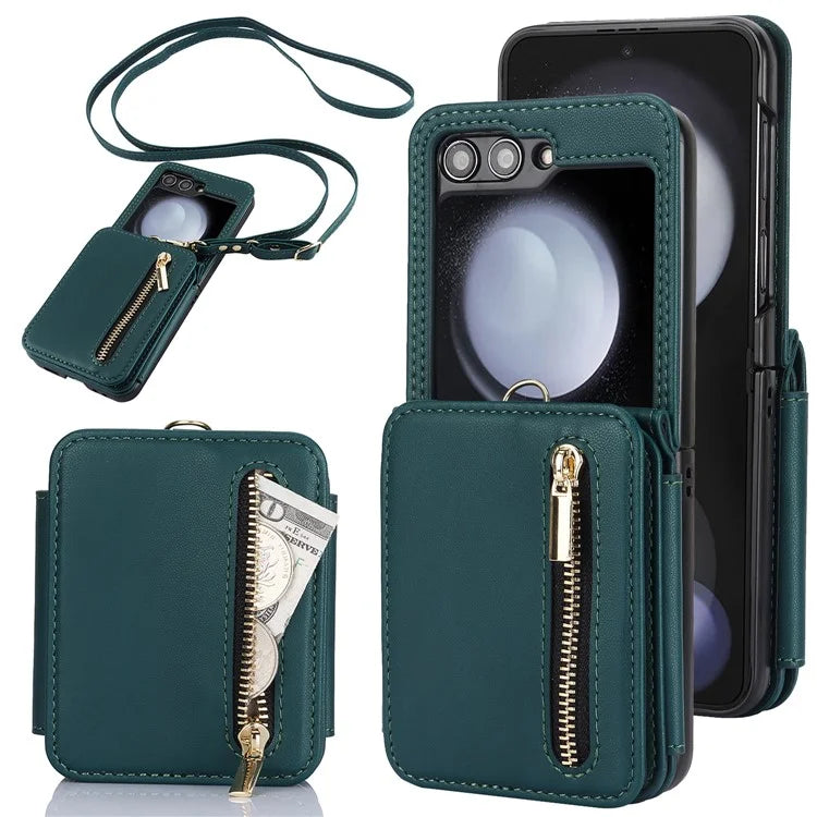 For Samsung Galaxy Z Flip5 5G Case Crossbody RFID Blocking Leather+TPU Scratch-proof Protective Shell